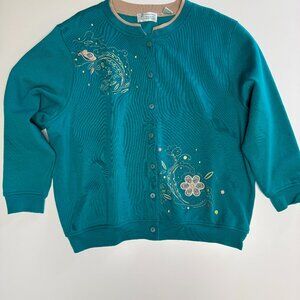 Extra Shenanigans Women’s Button Up Cardigan Size 2X Floral Embroidery Green